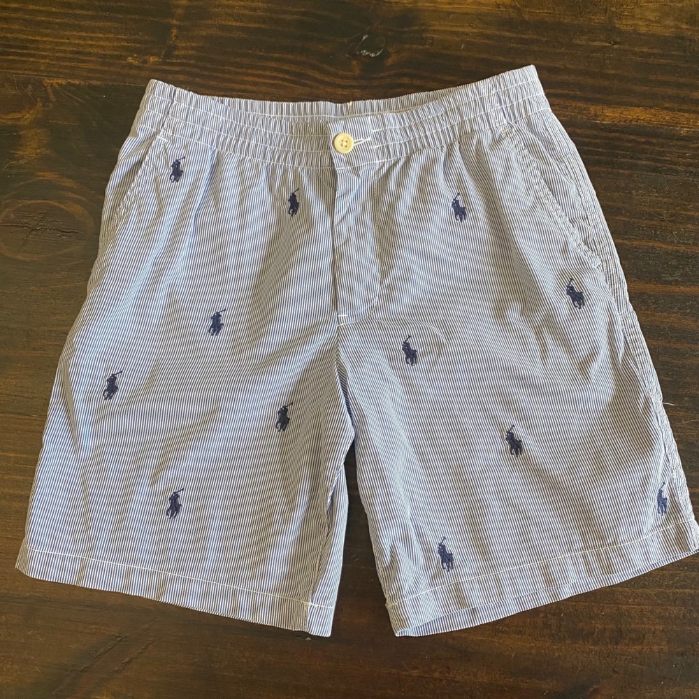 Polo Ralph Lauren Kids All-Over Signature Embroidered Shorts Blue Striped Sz 12